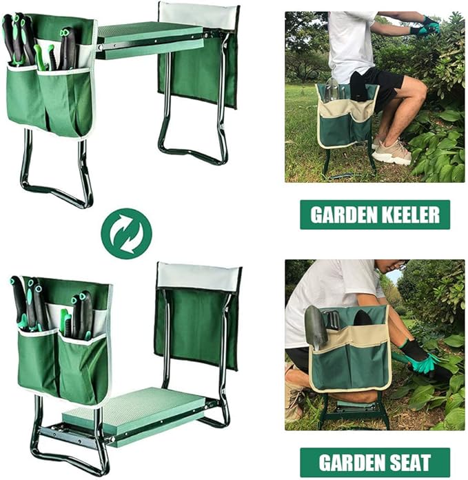 PLKO Garden Kneeler and Seat Stool Heavy Duty Garden Folding Bench with Large RemovableTool Pocket Gloves and Soft EVA Kneeling Pad for Gardening Lovers