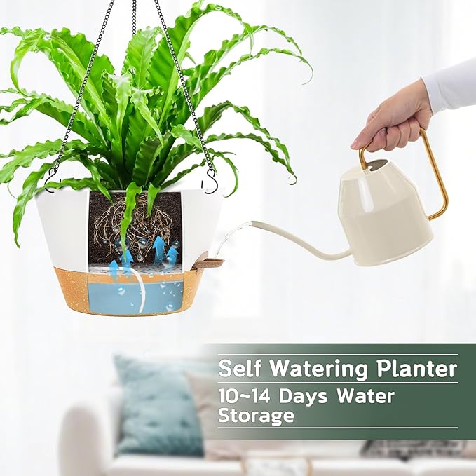 ZMTECH 12 Inch Hanging Planters for Indoor Plants, 2 Pack Self Watering Hanging Planter with Visual Reservoir, Hanging Pots for Plants Outdoor with Drainage Hole and Plant Hanger(2 Pack, White)