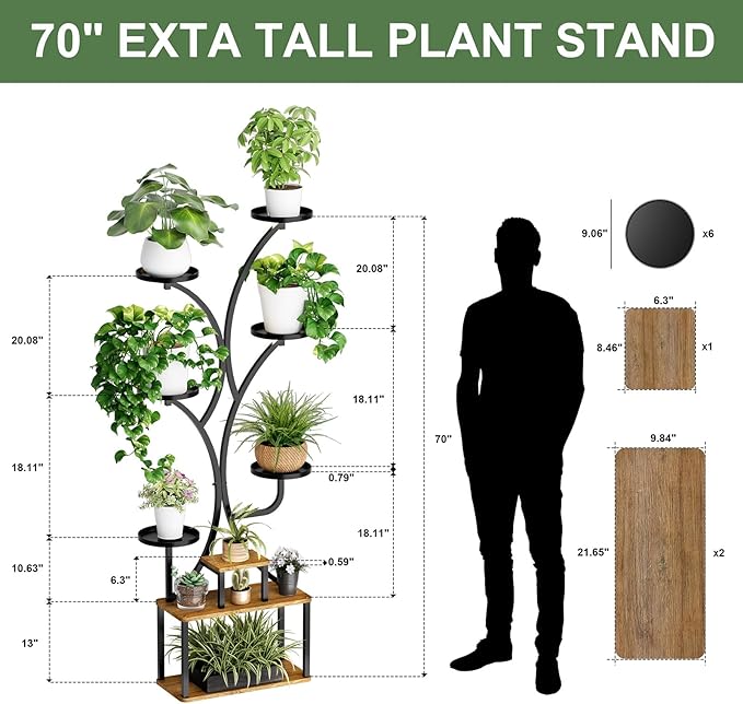 70" Tall Plant Stand Indoor with Grow Lights - Aesthetic 9-Tier Plant Holders for Multiple Plants - Large Curved Metal Flower Display Stand, Corner Plant Shelf for Living Room Home Gardening Decor