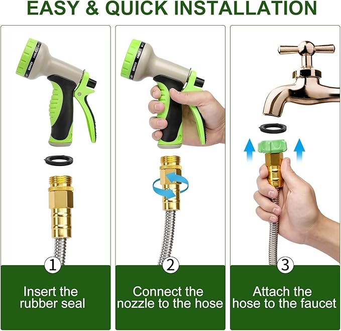 Metal Garden Hose 100FT, Stainless Steel Heavy Duty Water Hose with 10 Function Nozzle & Brass Nozzle, Sturdy and Lightweight, No Kink & Tangle, Easy to Use & Store, Suitable for Yard and Lawn