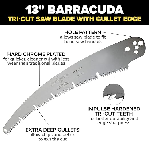Barracuda™ Tri-Cut Saw Blade with Gullet Edge, 13-Inch | Hard-Chrome Plated, Impulse Hardened Teeth | Fits Jameson and Smith Pole Saws | Durable, Clean Cutting