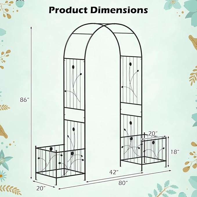 Moccha Garden Arbor with Planters - 86'' Metal Arbor Trellis for Climbing Plants, Ivy, Vines, Outdoor Archway Pergola with 8 Ground Stakes, Garden Arch for Wedding Ceremony Decoration Lawn Patio