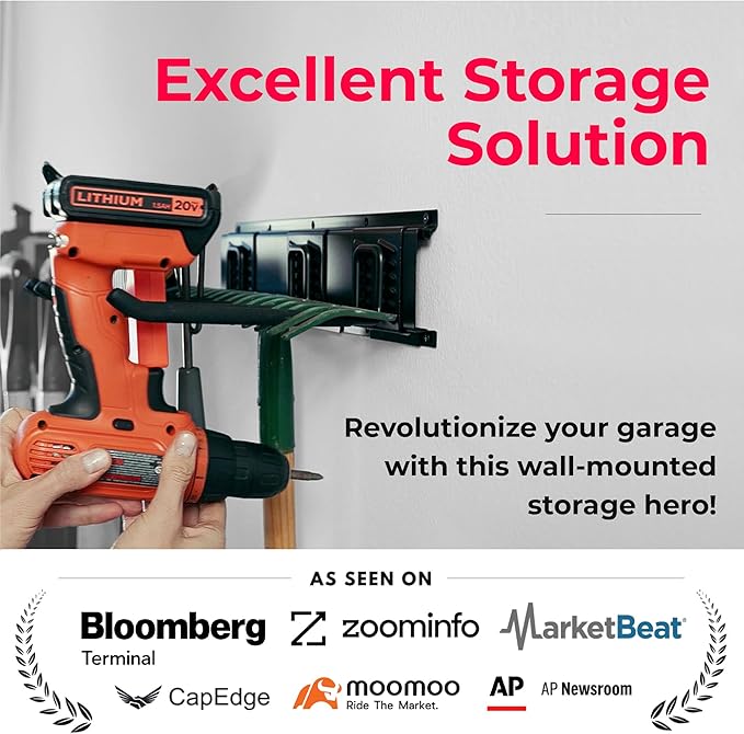 Heavy-Duty Garage Wall Storage System | Wall Mounted Tool Organizer Rack with Shelving | 10-Piece Mounting Kit | Includes 4x8.5” Adjustable Hooks & 2x16.5” Floating Utility Shelves