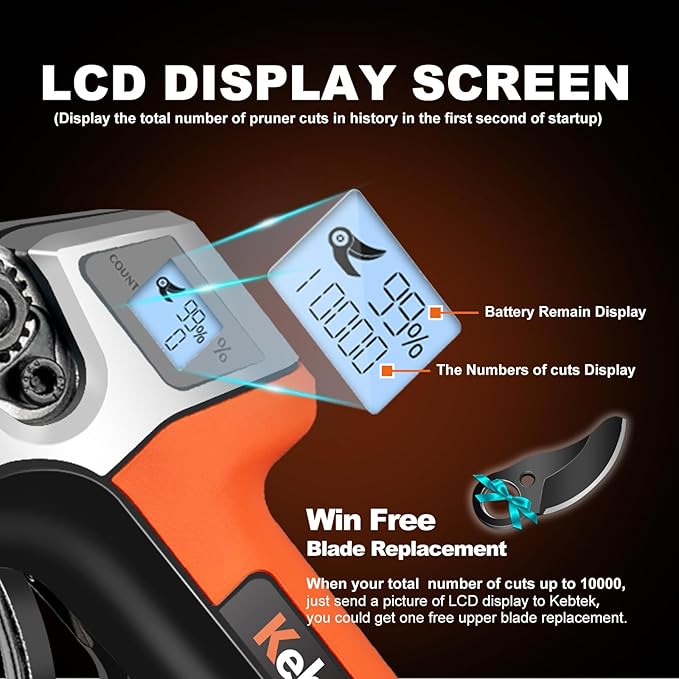 Cordless Electric Pruning Shears 35MM, Kebtek Professional Battery Pruners for Tree Trimming 18V Brushless Motor 2Pack 2AH Rechargeable Battery-LCD Display Screen (KTE-35)