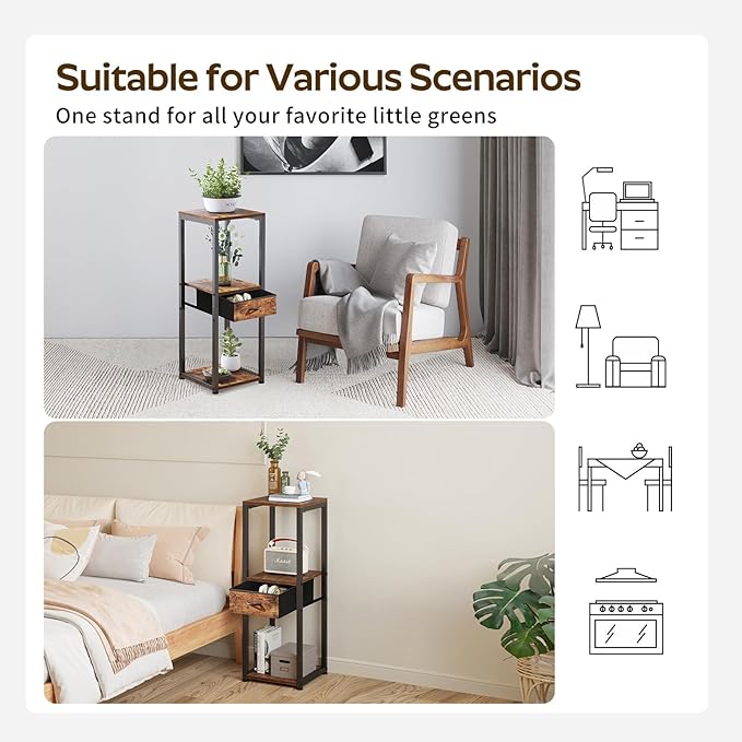3 Tier Tall Plant Stand with Fabric Drawer , Corner Plant Stands for Indoor Plants Multiple, Small Side Table for Indoor Plants