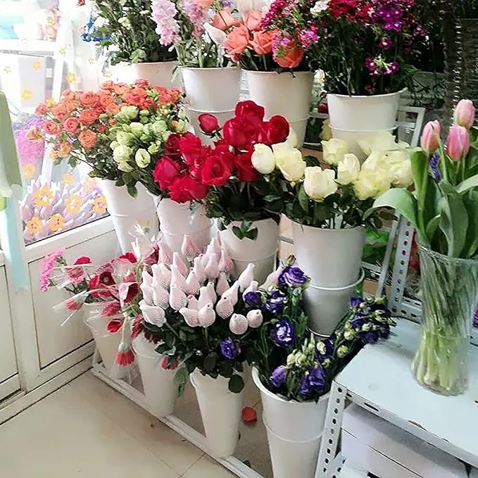Flower Display Stand with 12pcs Plastic Buckets Iron Plant Stand with 4 Universal Wheel, 3-layers Metal Moving Florist Bouquet Shelf for Fresh Flower Shop (WHITE)