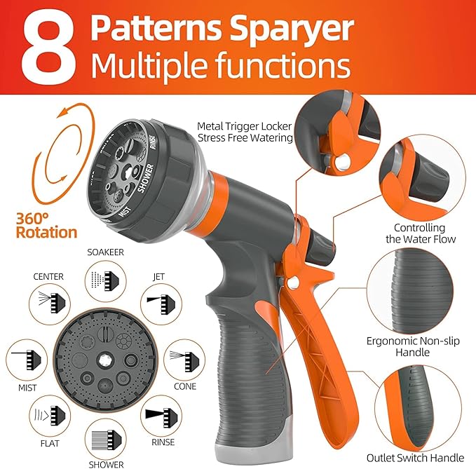 SPECILITE Garden Water Hose 25 ft x 3/4 in Heavy Duty, Flexible and Lightweight, Burst 600 psi, Kink-less Hybrid Rubber Pipe for Backyard, 3/4'' Brass Fittings, Orange