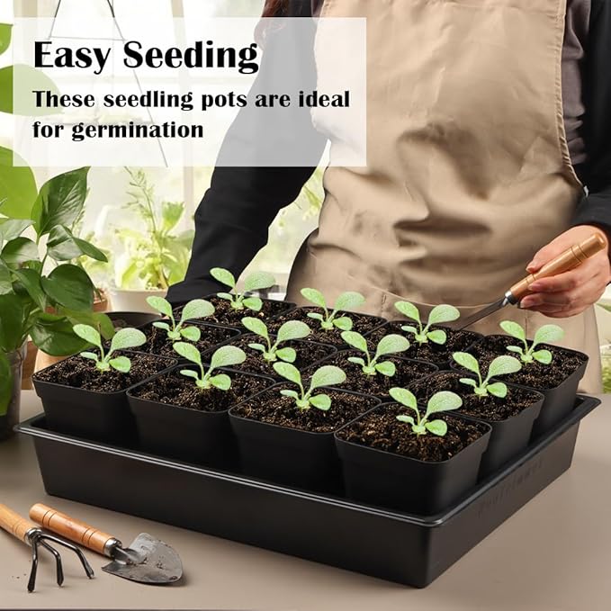 Seed Starter Tray, 10 Packs Plant Tray, Durable Plastic Growing Trays, Stackable Seedling Starter Trays Perfect for Indoor, Outdoor, Greenhouses, 16.5" L x 13.2" W x 2.8" H - Black