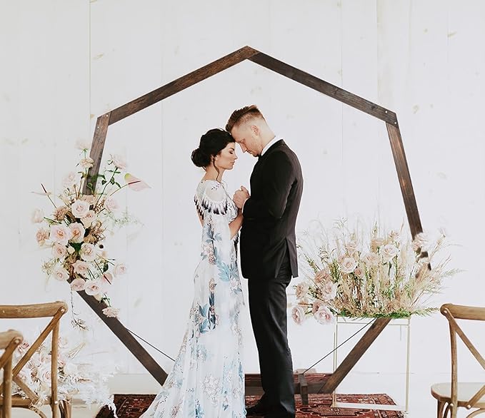 DearHouse Wooden Wedding Arch, 7.2FT Heptagona Wooden Arch for Wedding Wood Arch Wedding Arbor Backdrop Stand for Ceremony Rustic Wedding Birthday Parties Indoor Outdoor Garden Decor, AWERT0-3