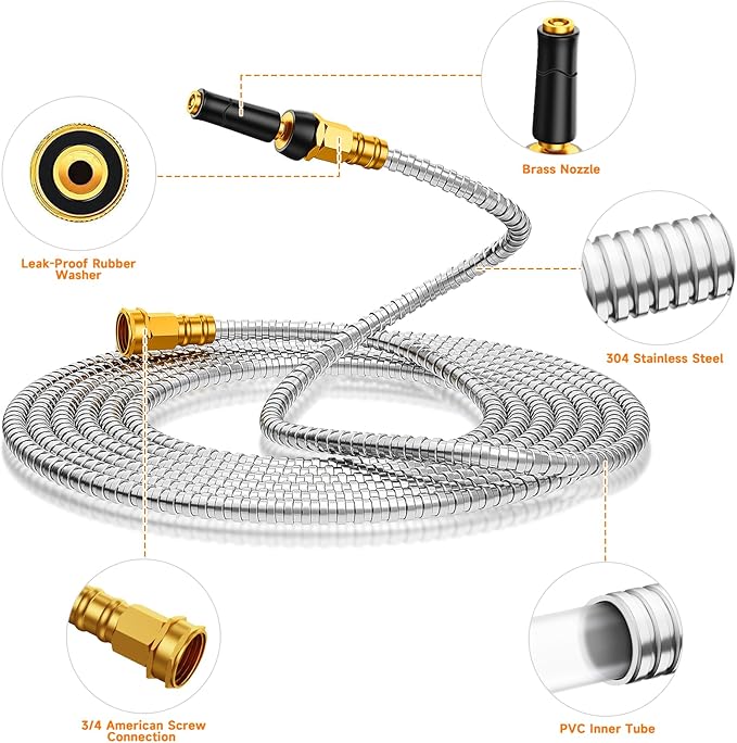 Metal Garden Hose 175 FT - 304 Stainless Steel Water Hose 175 FT - Expandable Short Flexible Garden Hose,no Kink Explosion, no Bite