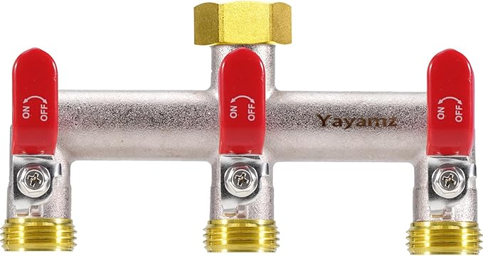 3 Way Garden Hose Splitter, Heavy Duty Brass Nickel Plated Rust Resistant Faucet Manifold, 3/4" Frost Resistant Outdoor Hose Adapter Connector，Hose Spigot Adapter with 3 large red handles