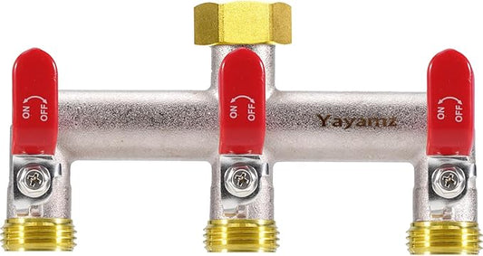 3 Way Garden Hose Splitter, Heavy Duty Brass Nickel Plated Rust Resistant Faucet Manifold, 3/4" Frost Resistant Outdoor Hose Adapter Connector，Hose Spigot Adapter with 3 large red handles