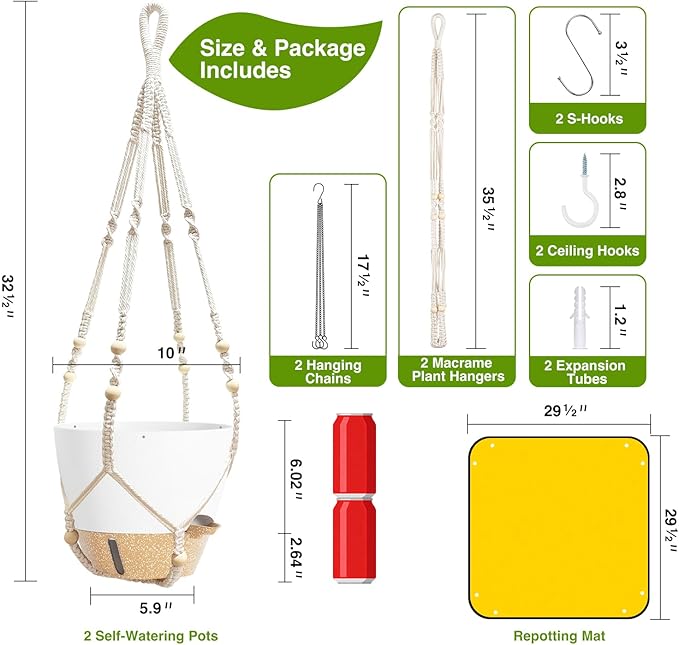 Set of 2 Hanging Planters for Indoor Plants with Self Watering Includes Hanging Pots and 2 Types Plant Hangers, Outdoor Hanging Baskets Holder for Home Garden, 10 Inch Oyster White