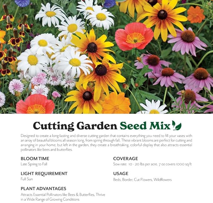 Grow Your Own Vibrant Annual and Perennial Wildflower Garden Seeds Mixture, Varieties for Pollinators and Spring Gardens - Cutting Garden Mix, 1/4 lb