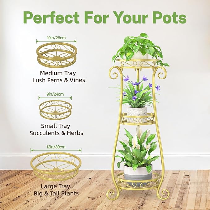 iDavosic.ly 3 Tier Metal Plant Stand Indoor Outdoor, Wrought Iron Corner Tall Flower Pot Holder Shelf, 34 Inch Vertical Heavy Duty Display Rack for Patio Porch Living Room Garden, Gold