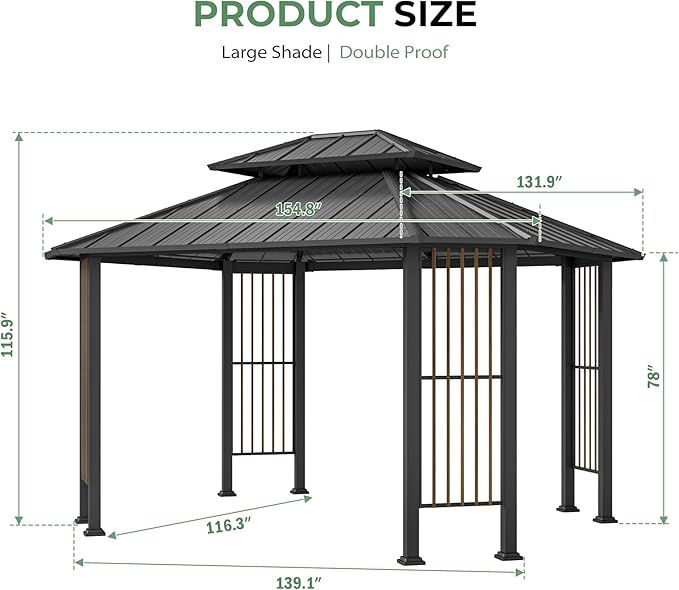 11' x 13' Octagon Hardtop Gazebo, Outdoor Octagonal Gazebo with Double Tiered Roof, Galvanized Steel Hardtop with Dual Rail & Ceiling Hook, Outdoor Canopy Shelter for Patio Garden Backyard