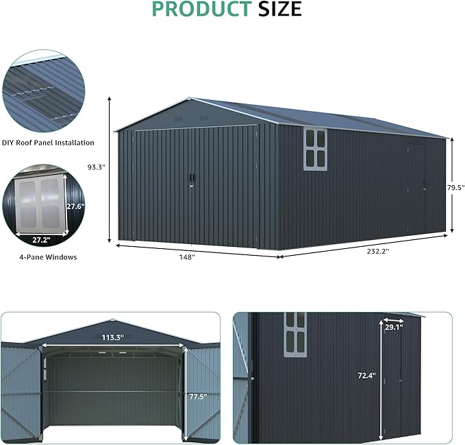 13x20 FT Outdoor Storage Shed, Large Metal Garage Sheds with Two Windows and Two Translucent Panels,Tool House w/Free Light Panet & Sloped Roof,for Car,Truck,Bike,Lawnmower,Tool,Dark Gray