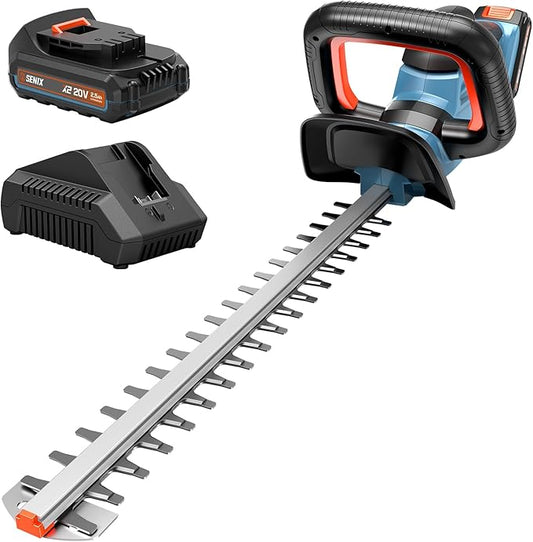 SENIX X2 20 Volt Max* 21-Inch Battery Powered Cordless Hedge Trimmer, Brushless Motor, Double-Sided Dual Action Blades, 3/4" Cutting Capacity, Includes Blade Cover, 2.5 Ah Battery & Charger (HTX2-M)