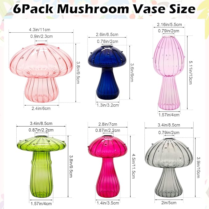 6Pcs Mushroom Vase, Colored Glass Mushroom Propagation Vases for Plants, Cute Hydroponic Flower Small Bud Vase Home Office Decor for Women Gift Propagation Station(Color 6)