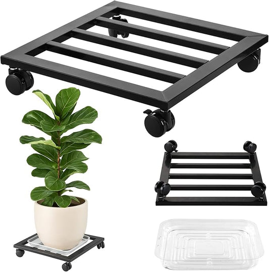 1 Packs 13.6 inches Large Metal Plant Caddy with PU Wheels Square Planter Dolly Pot Mover Rollers Wrought Iron Rolling Plant Stands Indoor Outdoor Plant Holder Coaster Trolley, Black