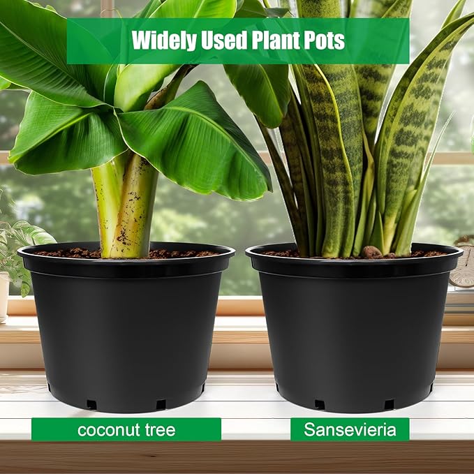 7 Gallon Plastic Nursery Pots, 15 Inch Large Plastic Pots for Plants, Round Plant Pots with Drainage Holes, Flower Pots for Outdoor Indoor Plants, Gardening Gifts for Women (5-Pack, Black)