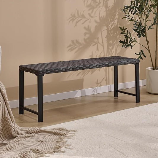 46" Outdoor Rattan Backless Bench, All-Weather Patio Garden Bench for Backyard, Porch, or Lawn, Durable Steel Bench for Outdoor Spaces
