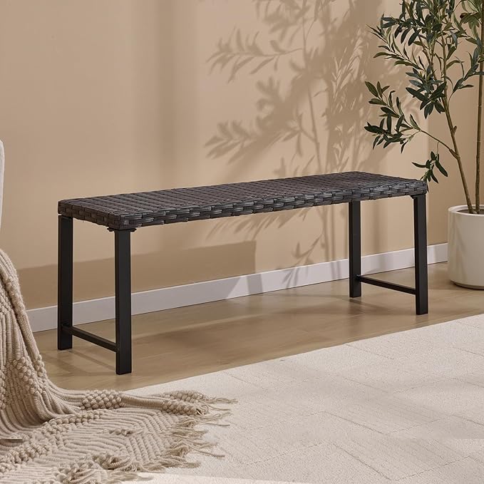 46" Outdoor Rattan Backless Bench Set of 2, All-Weather Patio Garden Bench for Backyard, Porch, or Lawn, Durable Steel Bench for Outdoor Spaces