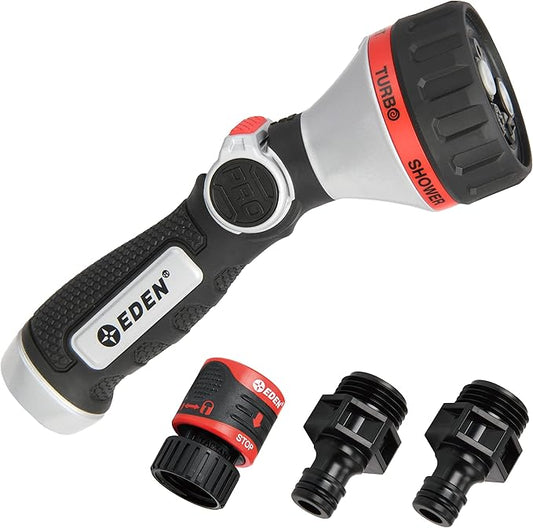 Eden 94824 Heavy Duty Metal Thumb-Control Garden Hose Spray Nozzle 6-Pattern High Pressure Sprayer W/Quick Connector for Hose Watering Garden&Lawn, Showering Pets& Outdoor Fun, Car Washing