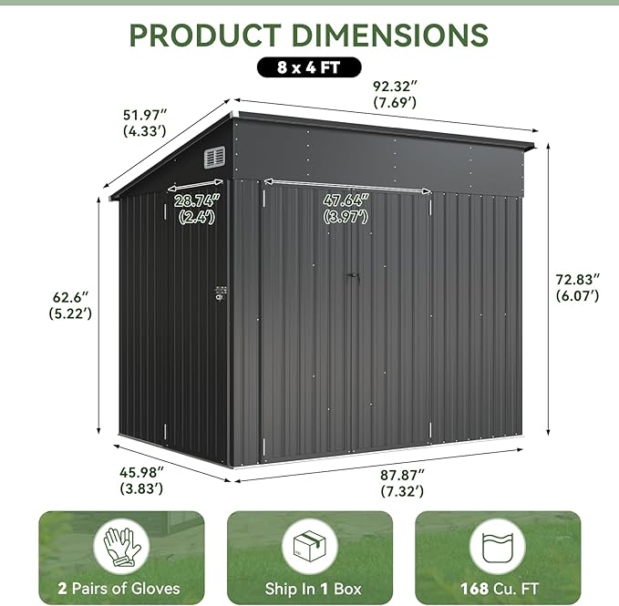 Aoxun 7.5'x4' Triple Door Shed Outdoor Storage Shed with Three Lockable Door for Easily Accessing Metal Storage Cabinet with Slopping Roof for Tools Bicycles Storage for Garden, Backyards (Black)