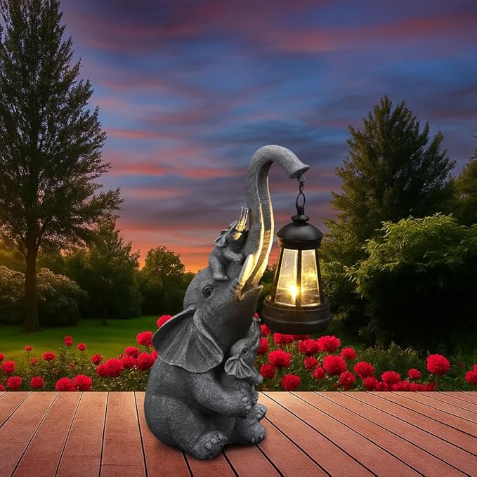 Solar Outdoor Garden Decor, Elephant Statue with Lantern for Patio, Yard Ornament and Lawn Decoration, Birthday Housewarming Gift for Mom, Wife, Gardeners