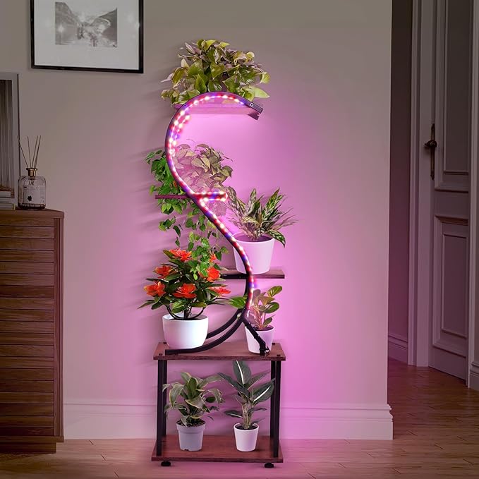 Plant Stand Indoor with Grow Lights- No Visible Cords, 43" Tall Plant Shelf Indoor, 5 Tiered Corner Plant Stands for Indoor Plants, S-Shaped Lighted Flower Holder, Sleek Wireless Design, Home Decor