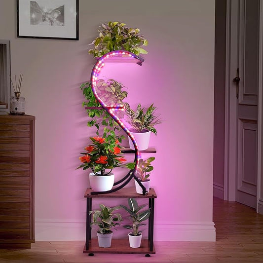 Plant Stand Indoor with Grow Lights- No Visible Cords, 43" Tall Plant Shelf Indoor, 5 Tiered Corner Plant Stands for Indoor Plants, S-Shaped Lighted Flower Holder, Sleek Wireless Design, Home Decor