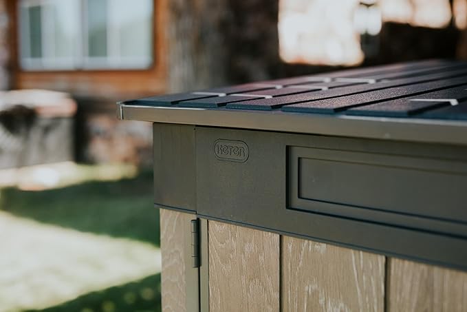 Keter Signature Collection All-Weather Storage Shed with Skylight, Window, Built-in Ventilation, Customizable Walls, & Lockable Double Doors, Walnut