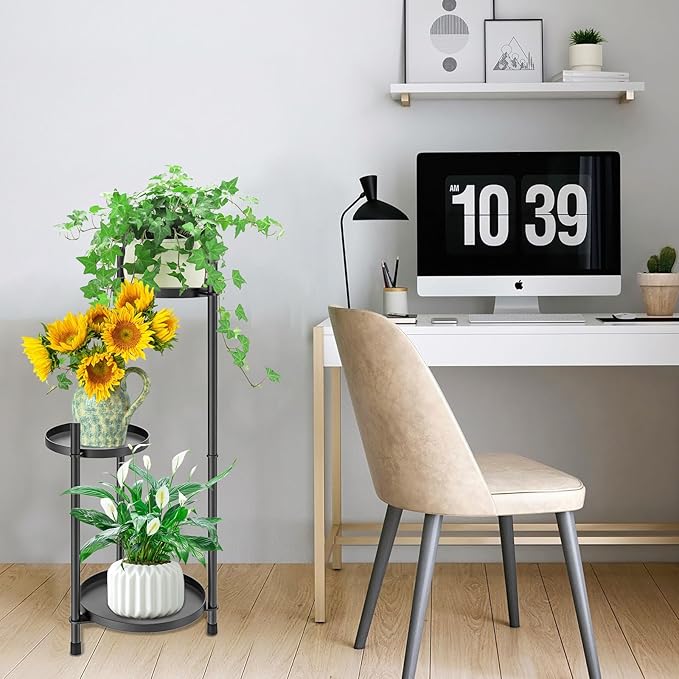 3-Tier Metal Plant Stand for Indoor & Outdoor, Heavy Duty Corner Flower Shelf Display Rack for Living Room Balcony Patio Garden Bedroom Classroom Black (Black-B)
