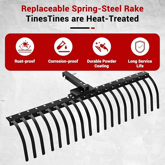 55" Durable Tow Behind Landscape Rake Tractors Rake Fits 2" Receiver for Lawn Tractors or ATV/UTV，Black