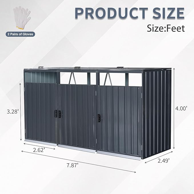 Garbage Bin Storage Shed for 3 Trash Cans Outdoor Metal Enclosure Charcoal Galvanized Steel Garbage Can Holder Concealer Hide Utility Bin Shelter Garden Yard Lawn