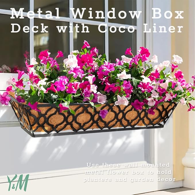 Y&M 24in Window Planter Box 4Pcs Iron Railing Planter with Coco Liner for Outdoor Balcony Rail, Fence, Porch, Patio