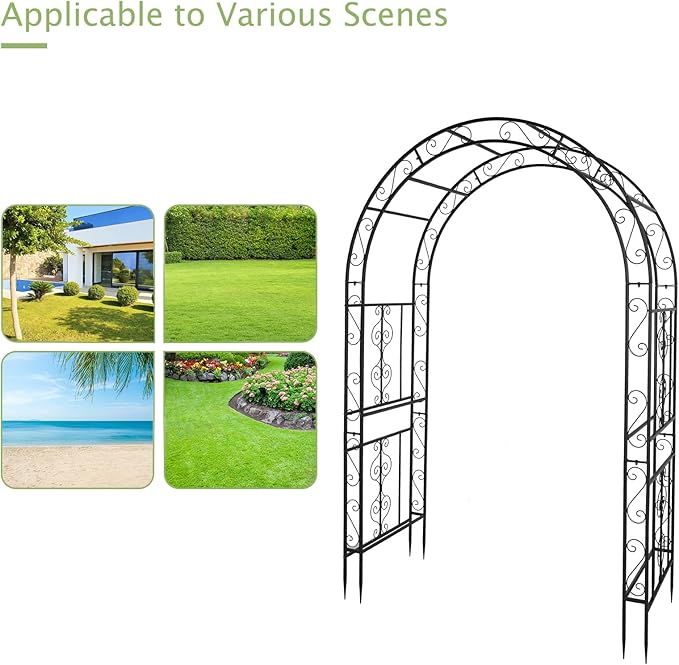 7FT Heavy Duty Steel Garden Arbor with Side Garden Trellis, Rust-Resistant Powder Coated Wedding Arch Archway for Backyard, Vine Plants & Outdoor Decor - Includes Ground Stakes & Easy Assembly
