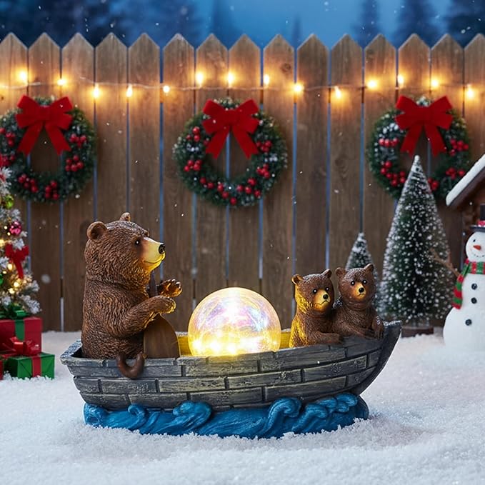Solar Bears Boating Statue with Ball Light 5" Resin Bear Figurines Waterproof Bear Decorations for Home Yard Patio Porch Balcony Best Garden Gifts for Women Mothers Grandmothers Sisters