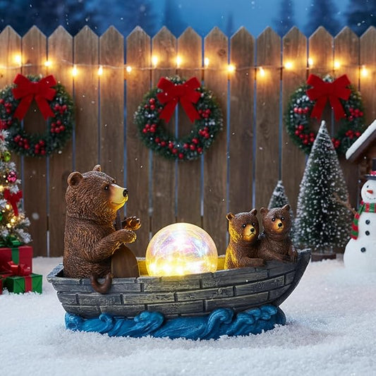 Solar Bears Boating Statue with Ball Light 5" Resin Bear Figurines Waterproof Bear Decorations for Home Yard Patio Porch Balcony Best Garden Gifts for Women Mothers Grandmothers Sisters