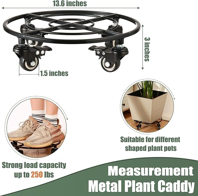 2 Packs Large Metal Plant Caddy with Wheels 13.6" Rolling Plant Stands Heavy-Duty Wrought Iron Plant Dolly Plant Rollers Planter Mover with Metal Casters, Strong Load Capacity