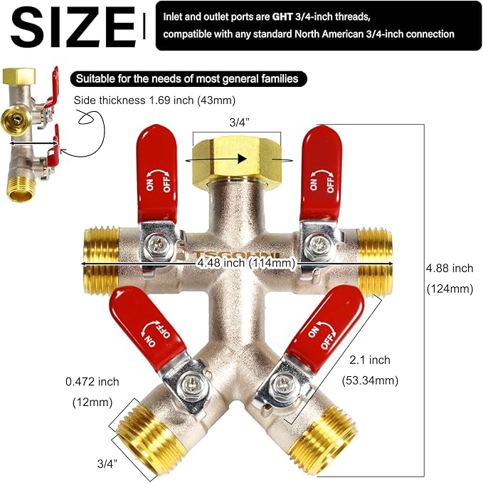 Heavy Duty Brass Garden Hose Splitter 4 Way, Freeze and Sun Resistant Outdoor Faucet Brass Connector Tap Splitter 4 Valves, Nickel Plated for Rust Resistance, 3/4” GHT (Red)