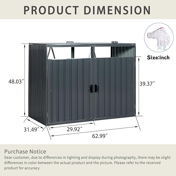 Garbage Bin Storage Shed for 2 Trash Cans Outdoor Metal Enclosure Charcoal Galvanized Steel Garbage Can Holder Hide Utility Bin Shelter Garden Yard