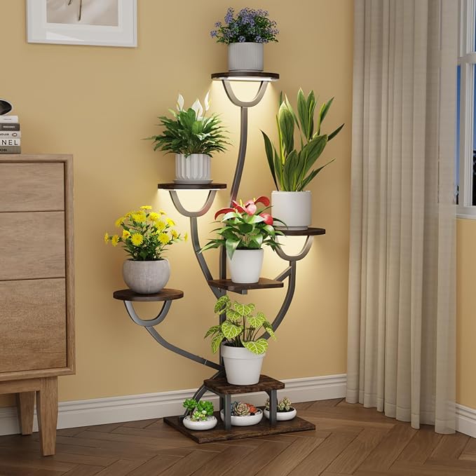 Plant Stand Indoor with Grow Lights - 44.2" Tall Plant Shelf, Lighted Corner Plant Stands for Indoor Growing, 7 Tiered Metal & Wood Plant Holder Display Shelves for Living Room, Patent Design - C4