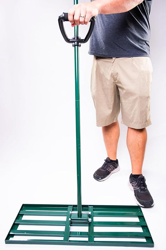 Lawn Leveling Rake 30x10 inch, Anti Flip - Heavy Duty Leveling Tool, Steel Handle, and Rake Head– Includes Gloves, Planting Mat, and Garden Shears – Yard Leveler for Lawn Garden, Soil, Sand, and Grass