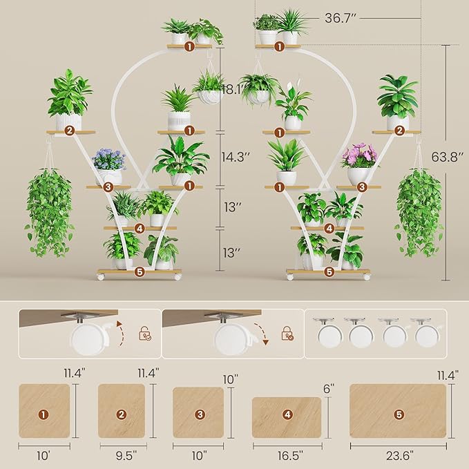Itaar Plant Stand Indoor with Grow Light, 2-Pack 64" Tall Plant Shelf, 7 Tiered Corner Plant Stand with Wheels, Large Plant Rack Display Shelves, Curved Plant Holder for Living Room, White
