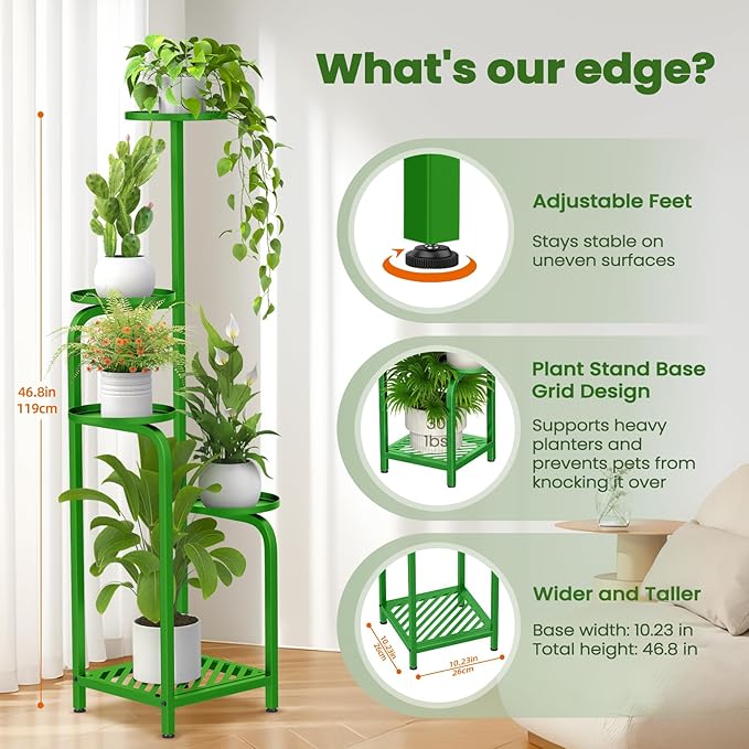TOSKING 5 Tier Tall Plant Stand Indoor Outdoor, Heavy Duty Corner Shelf for Plants & Christmas Home Decor, Space Saving 3.9FT Metal Flower Pot Stand for Balcony, Garden, Living Room, Patio (Green, 47in)