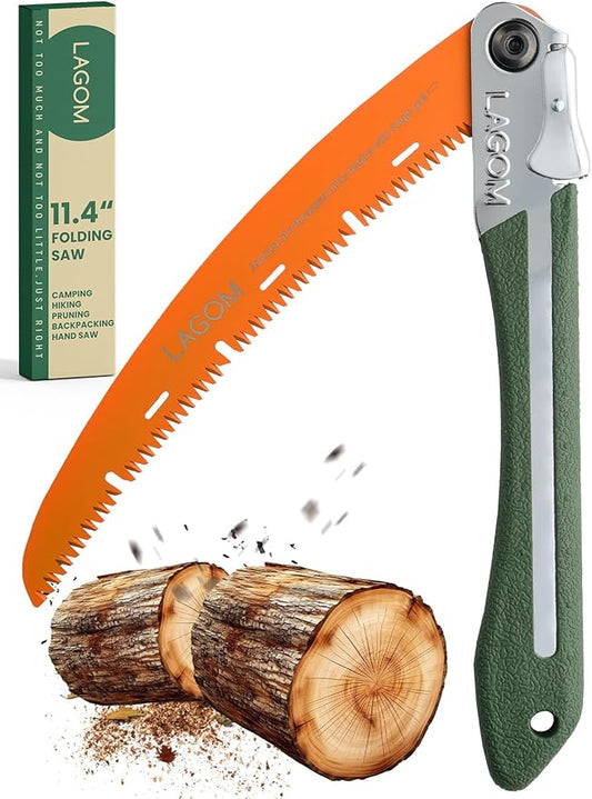 LAGOM Folding Camp Saw for Cutting Branches, 11.4" Curved Blade | SK5 Steel, Ergonomic Handle, One-Hand Use, Secure Lock | Foldable Pruning Tool for Camping, Gardening, Survival, Kayaking, Outdoors