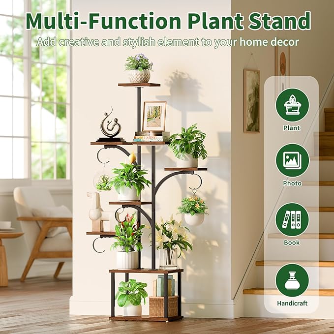 Plant Stand with Grow Lights, 59" Tall 8-Tier Tree-Shaped Metal Indoor lighted Plant Shelf Corner Display Rack with Hanging Hooks for Multiple Plants, Wooden Flower Holder for Balcony Patio home Decor