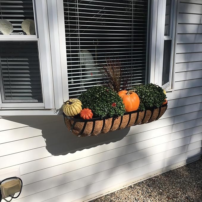 4 Pcs 16“ Railing Planter Window Box Deck Railing Planters Boxes with Coco Liner English Horse Trough Planters Metal Wall-Mounted Planter Basket for Outdoor Balcony Porch Fence Patio Rail